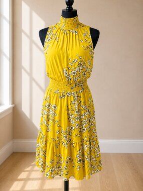Nanette Lepore Yellow Floral Chiffon Pleated Midi Dress Size 2